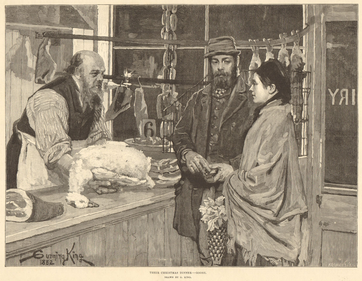 Their Christmas dinner - goose. Drawn by G. King. Shops 1883 old antique print